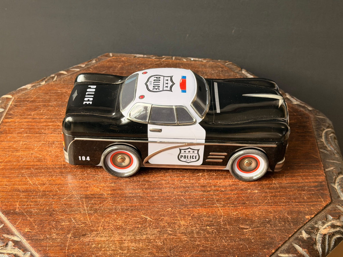Silver Crane Police Car Cookie Tin Retro 1950s Cruiser Novelty Tin Box 10.5"