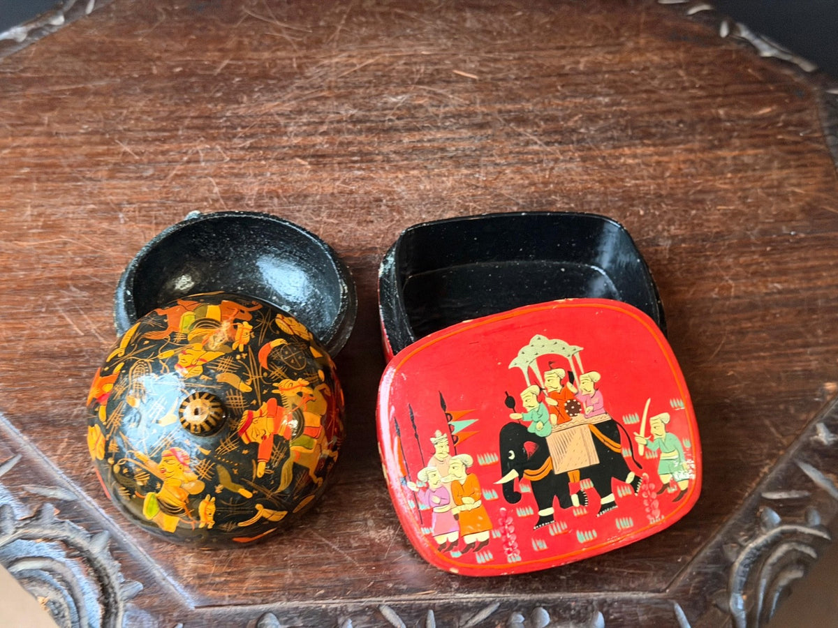 Vintage Hand Painted Lacquer Wood Box Set Royal Elephant Procession Folk Art