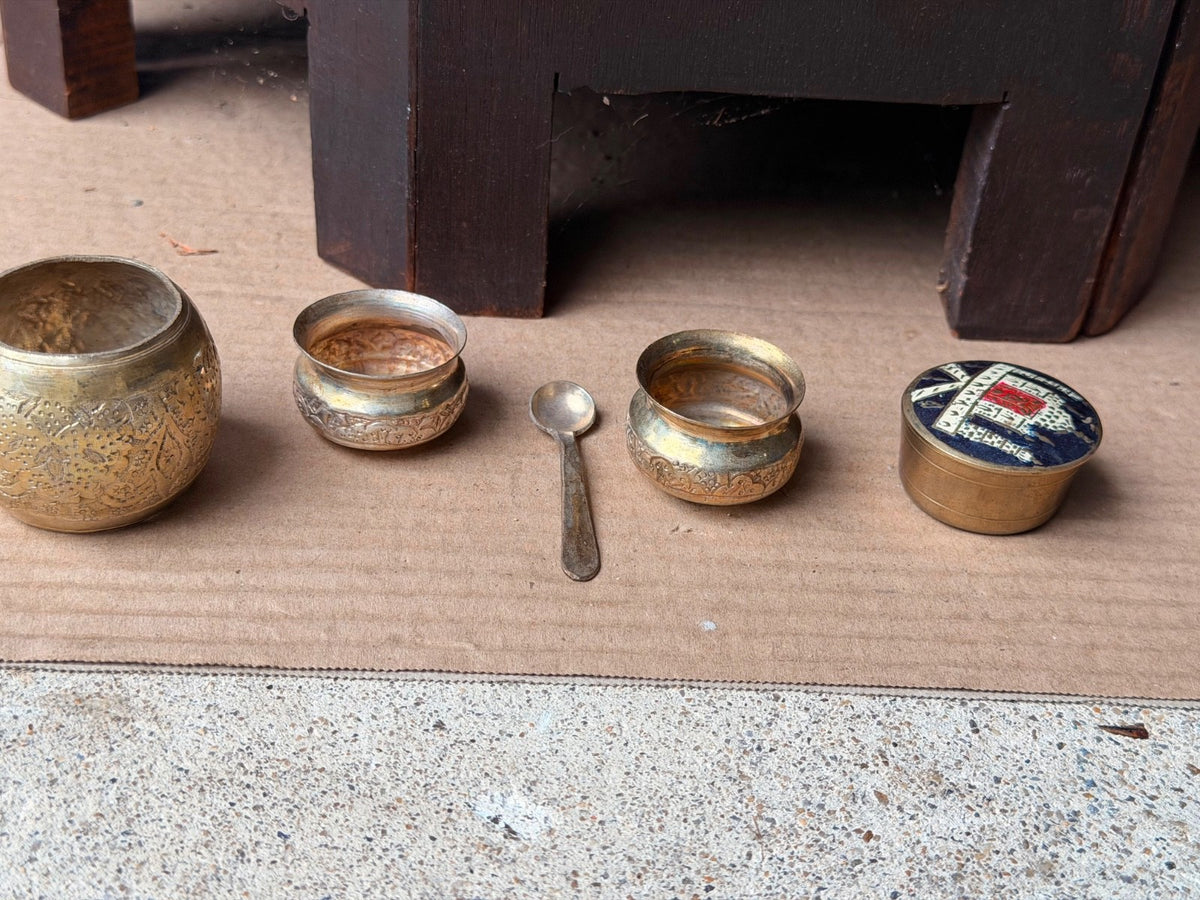 Vintage Brass Miniature Vessel Set Enameled Trinket Box Small Spice Bowls Spoon