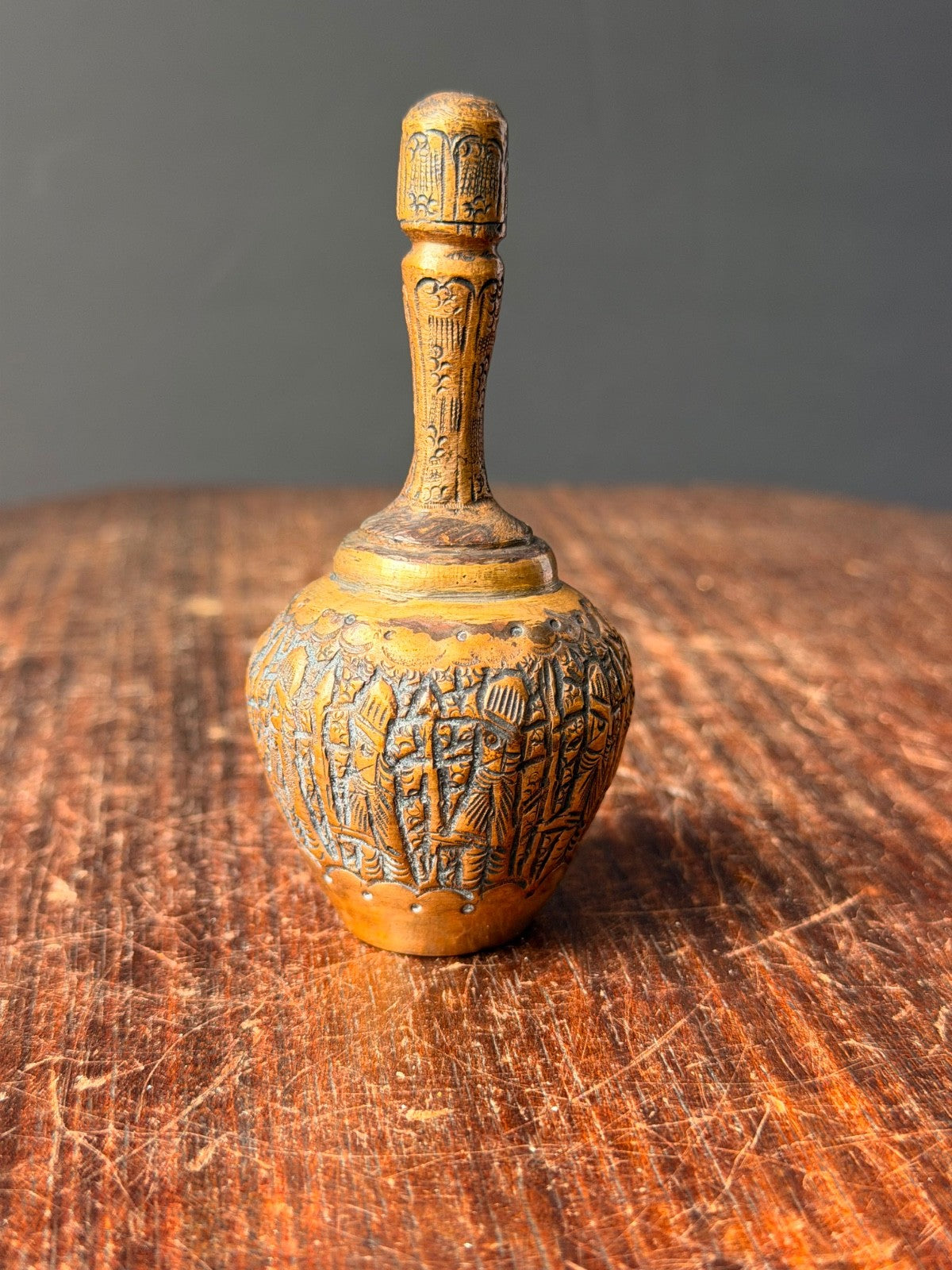 Vintage Brass Kohl Bottle Perfume Flask Etched Procession Mini Vessel
