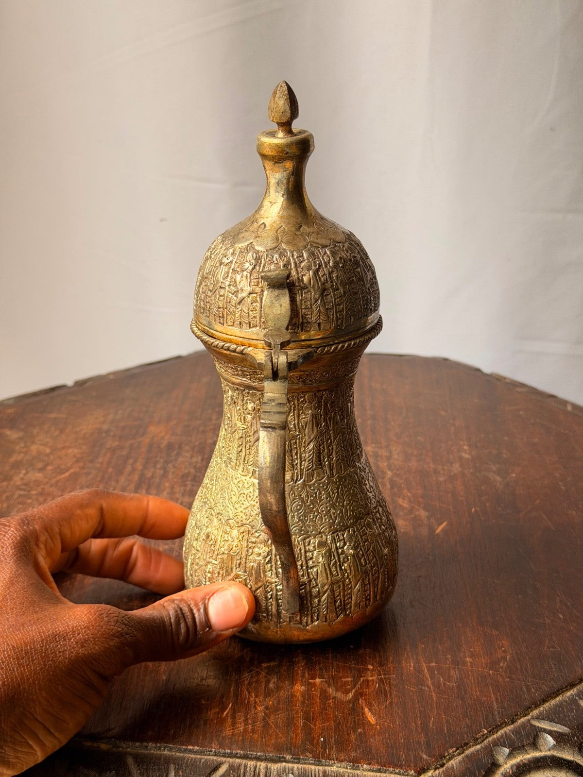 Vintage Near Eastern Silvered Brass Dallah Coffee Pot Figural Repousse Ewer